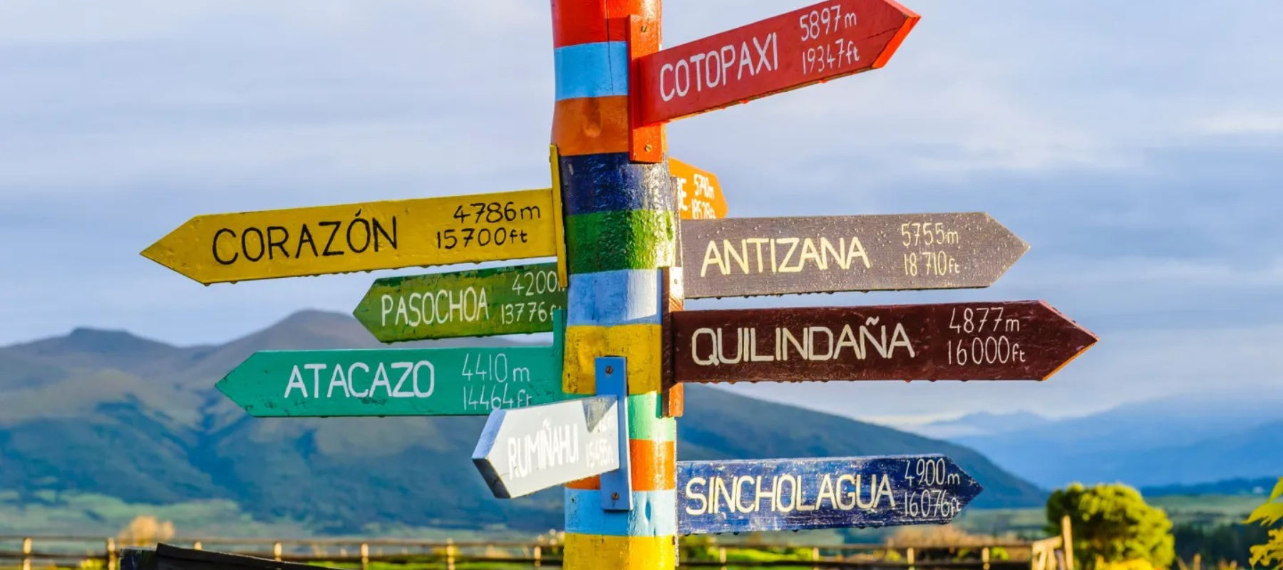 Bunter Wegweiser zu ecuadorianischen mit Höhenangaben.