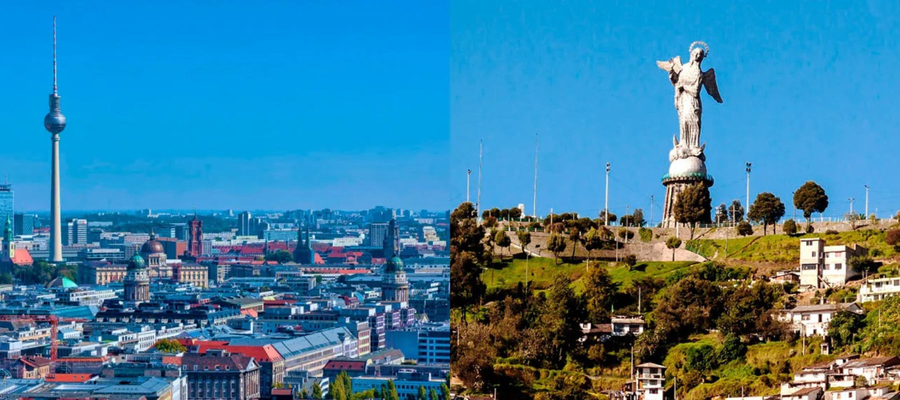 Vergleich der Skylines von Berlin und Quito mit Fernsehturm und Statue